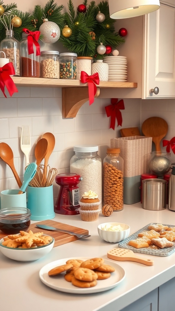 Christmas Baking Organization Guide Organized kitchen for Christmas baking with tools, ingredients, and festive decorations.